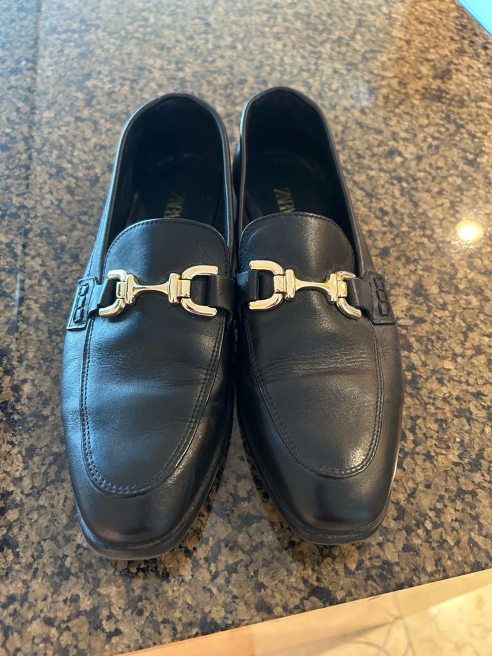 Zara Black Leather Women’s Loafers with Gold Bit